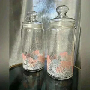 Vintage French Glass Apothecary Jars Pastel Florals 10 inches set of  2
